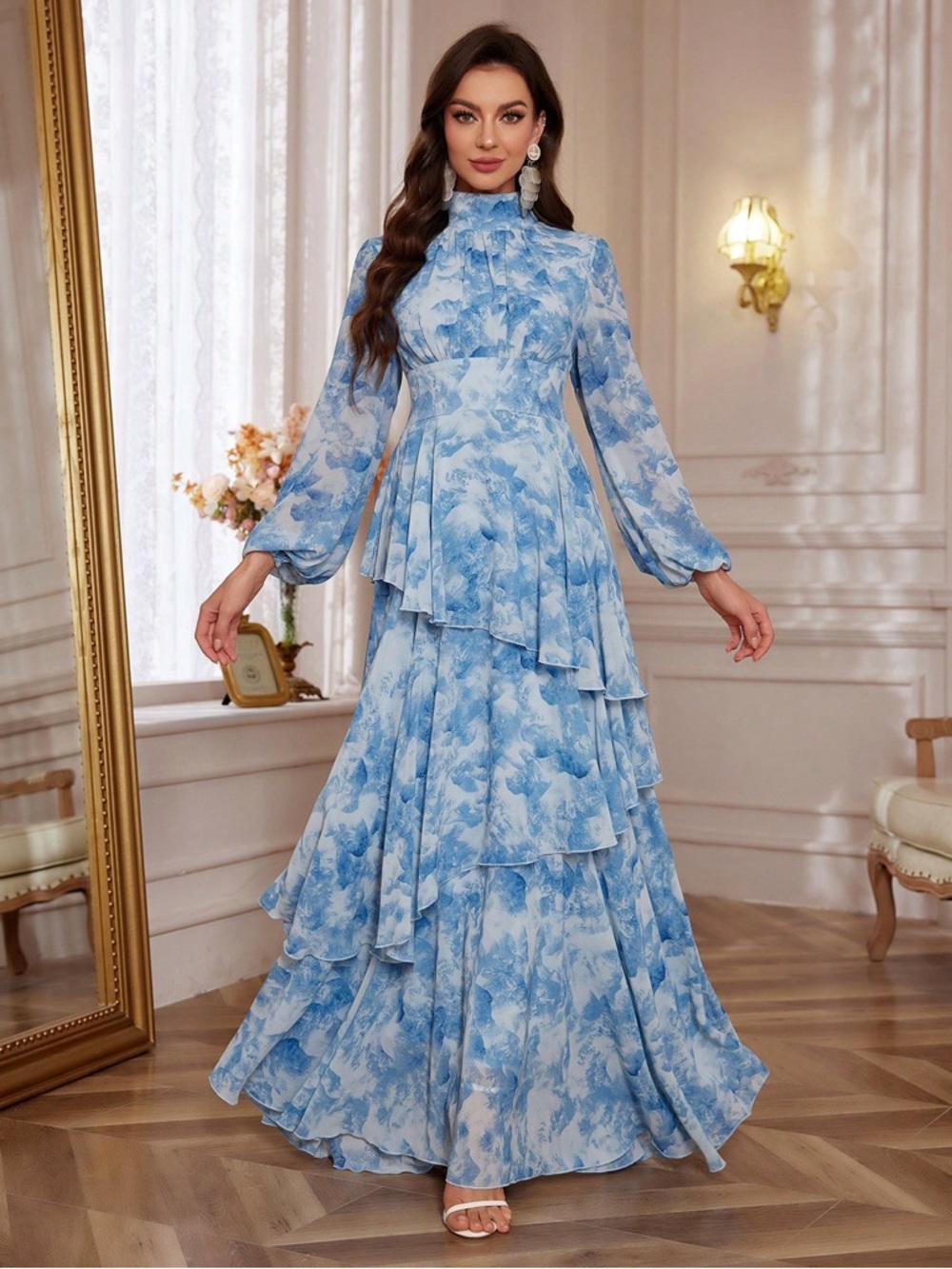 SHEIN Light Blue Floral Tiered Maxi Dress with High Neck